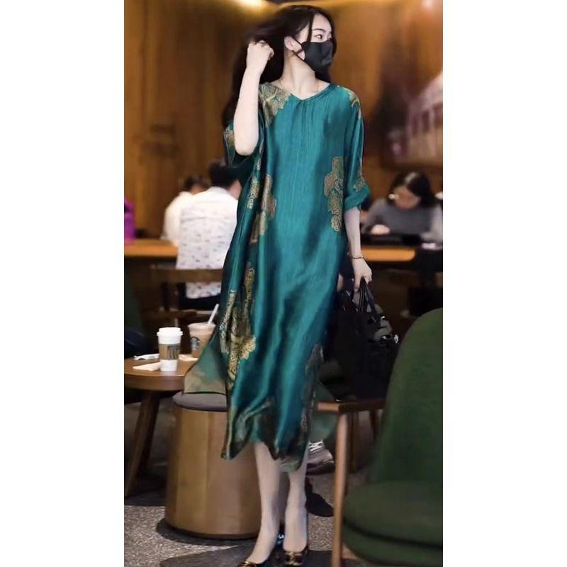 

Нарядная юбка А-силуэта большого размера, свободного кроя, элегантная. Женское летнее платье с рукавом до локтя, V-образным вырезом и винтажным принтом. Свободное и элегантное платье для женщин. Picture Color S([Within 50.00kg])