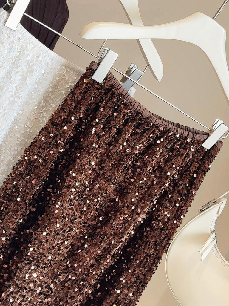 Autumn/Winter Shiny Sequin Velvet A-line Fishtail Skirt - High Waist, Hip-Hugging, Mid-Length