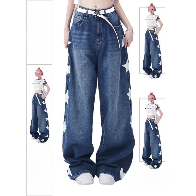 Amerikanische Instagram Retro Sternenprint Jeans Damen Sommer Neu High Street Locker Gerades Bein Weite Mop Hose Trend