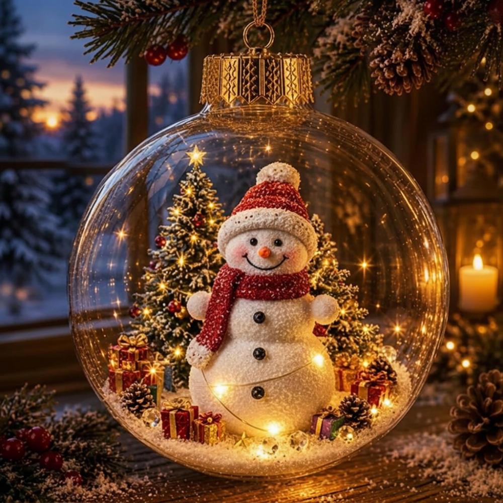 Vintage Winter Glowing Christmas Ball Ornament LED Warm Lights Snow House 3D Christmas Hanging Bauble Plastic Acrylic