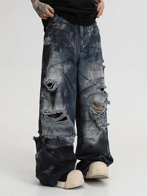 Unisex 2025 Inkjet Ripped Jeans: Washed Scruffy Wide-Leg Pants for Cool Summer Street Style