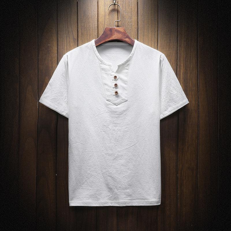 Men's Summer 2026 Cotton Linen Two-Button Short Sleeve T-Shirt - Soft & Breathable
