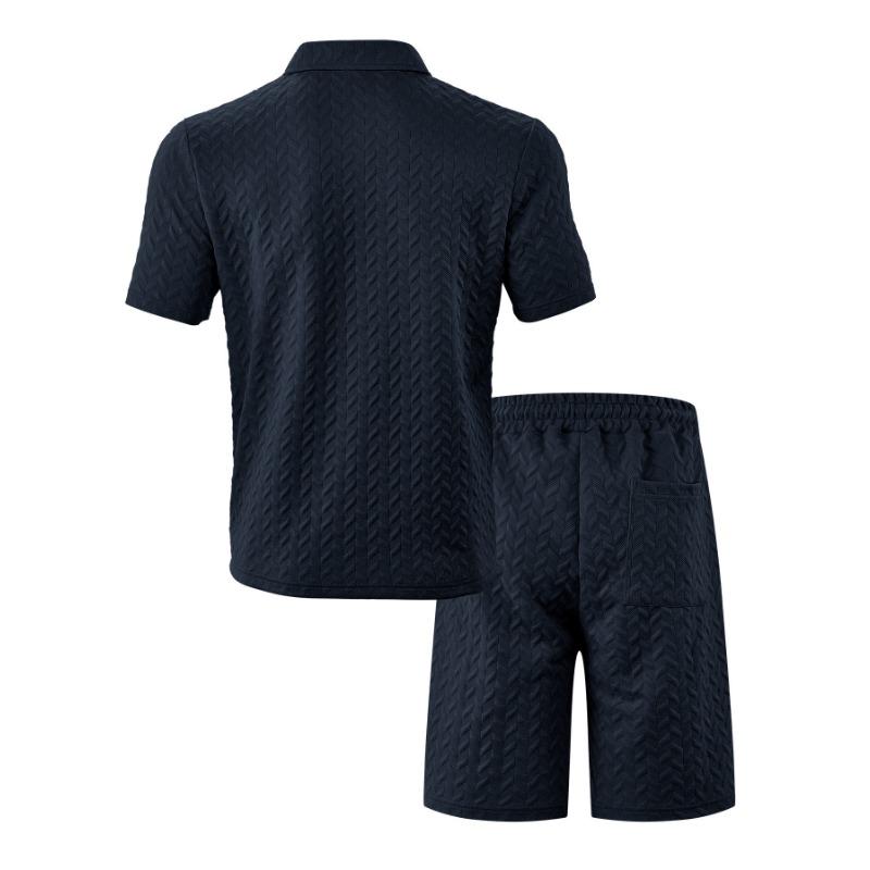 Mens Summer Jacquard Polo T Shirt And Shorts Casual Set