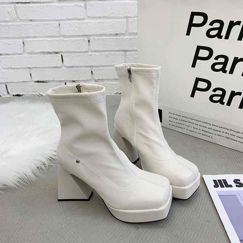 Fashion Square High Heel Women Western Cowgirl Boots Fashion Side Zippers Shoes Autumn Winter Ladies Elegant Platform Short Booties
