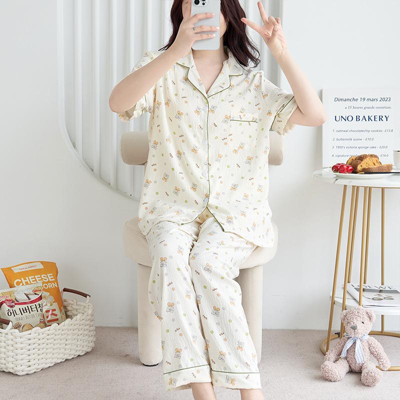 1011 new pajamas women's summer cloud cotton short-sleeved trousers two-piece set Japanese large-size printed loungewear autumn