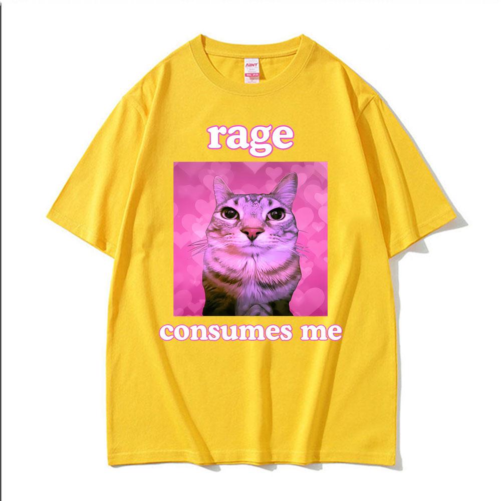 Ironic Meme Cat Rage Consumes Me Tshirts Unisex Women Clothing Funny Vintage Classic Short Sleeve Tshirt Casual Oversized T Shirt
