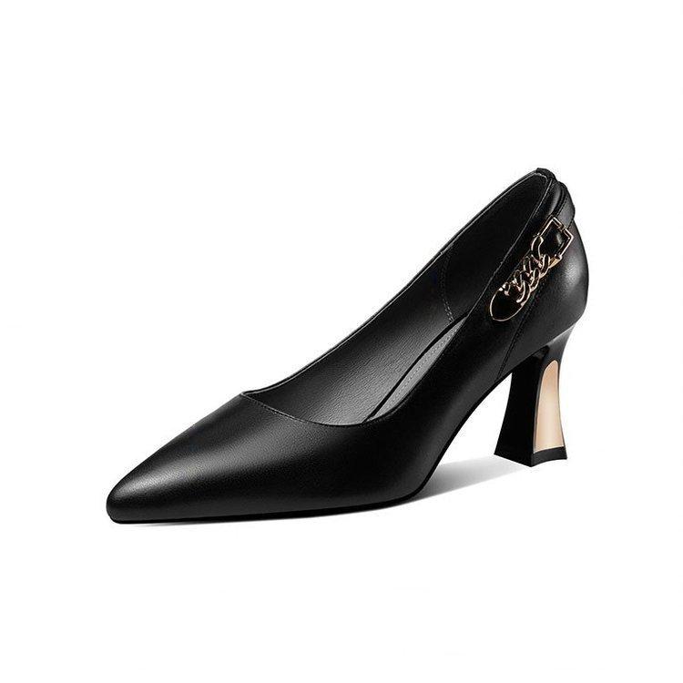 Fashion A Must - Have for Workplace Glamour! Black High Heels with Metal Buckle Decoration, Chunky Heel and Pointed Toe