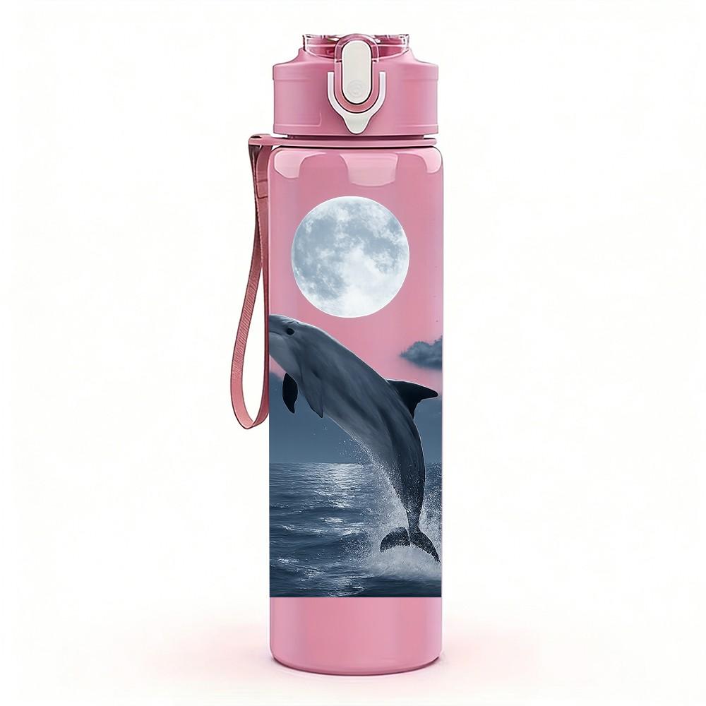 1PC Whale Jumping Ocean Wave Print 750ml Color Plastic Sports Water Bottle Leakproof Flip Straw Lid Suitable for Sports Office Home Use