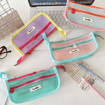 Dopamine Contrast Color Cosmetic Bag Large Capacity Pencil Case Stationery Storage Bag Portable Mesh Pencil Case