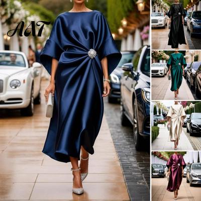 Everyday Casual Dress Women's Satin Batwing Sleeve Maxi Dress, Rhinestone Accent Crew Neck Outfit Evening Party A Line Formal Wedding Guest