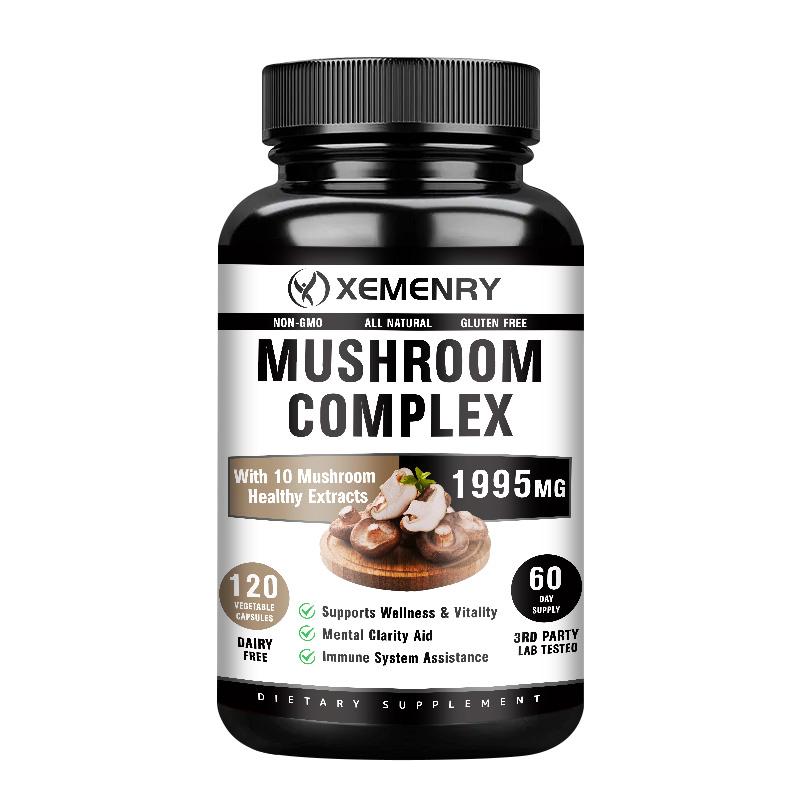 XEMENRY capsules containing 10 kinds of complex mushroom extracts, 1995mg, for immune health, suitable for adults.