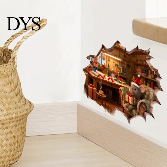 Holiday Home Decor Gifts Christmas Mouse Wall Sticker, 3D Realistic Cute Illustrations Decal, Party Glass Waterproof PVC Decorative for Decoration