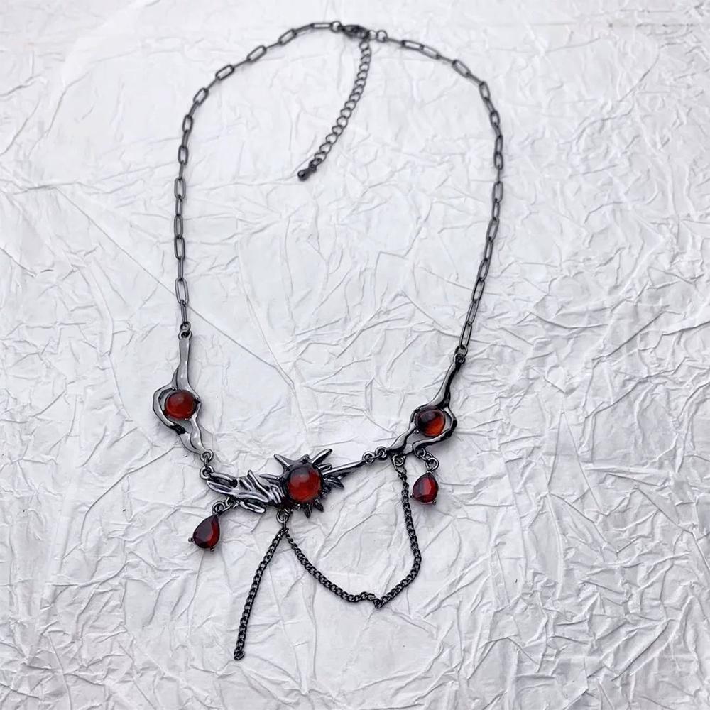 Punk Red Zircon Pendant Necklace Dark Gothic Silver Black Tassel Chain Choker Layered Hip Hop Collarbone Neck Chain for Women