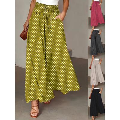 Women Long Trousers Elastic High Waist Lace-up Dot Print Wide Leg Pants Casual Loose Fit Trousers Daily Wear