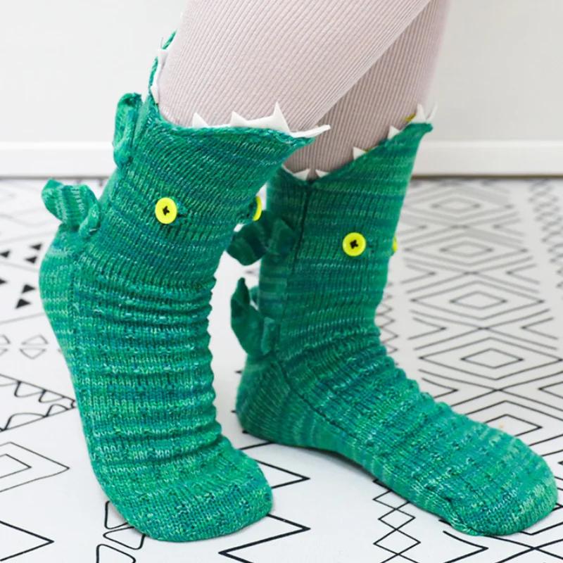 1 Pair  New Knitted Crocodile Socks Autumn Winter Women Cute Cartoon Floor Warm Socks Christmas Funny Socks Breathable
