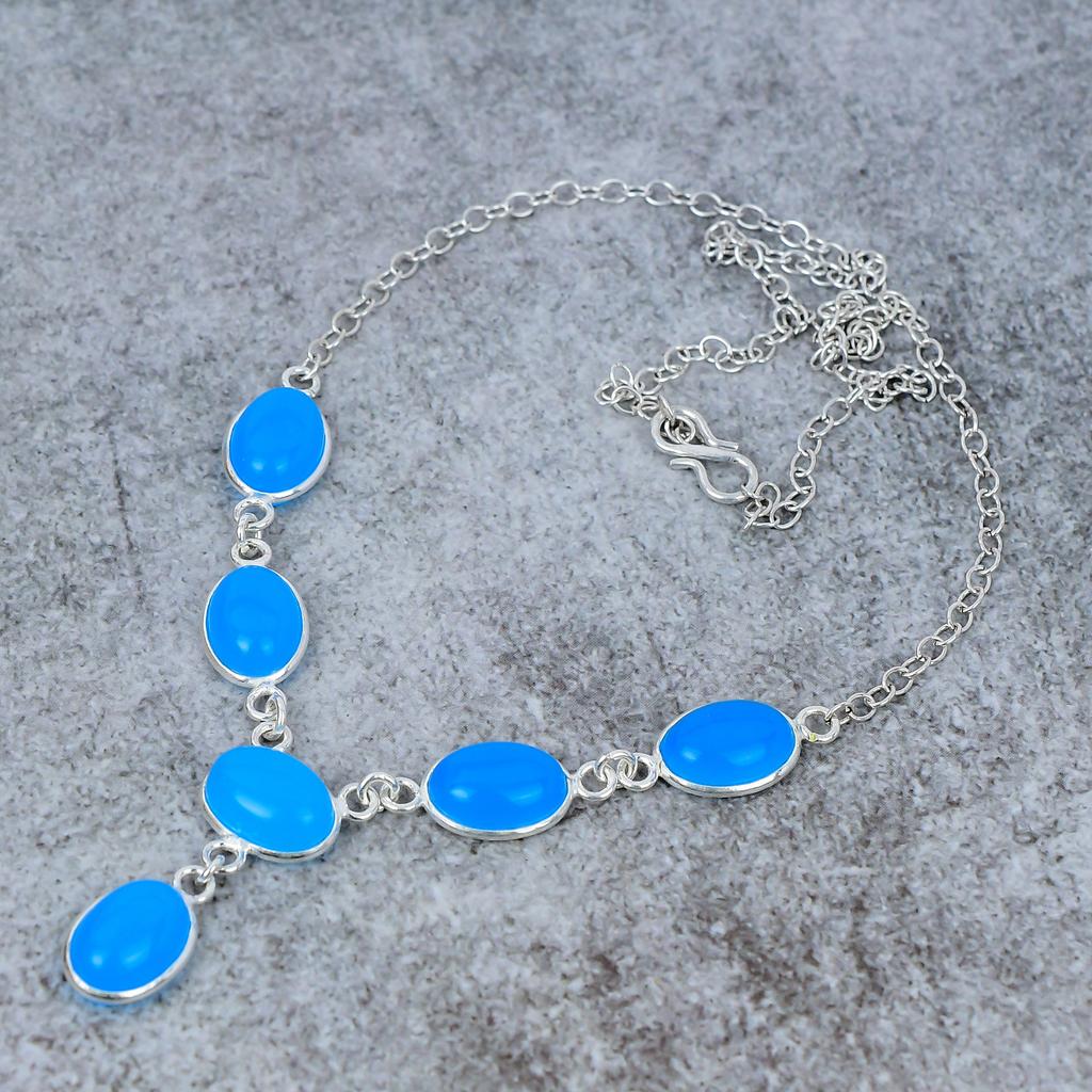 Aqua Chalcedony Gemstone Handmade 925 Sterling Silver Jewelry Necklace 18" M-357
