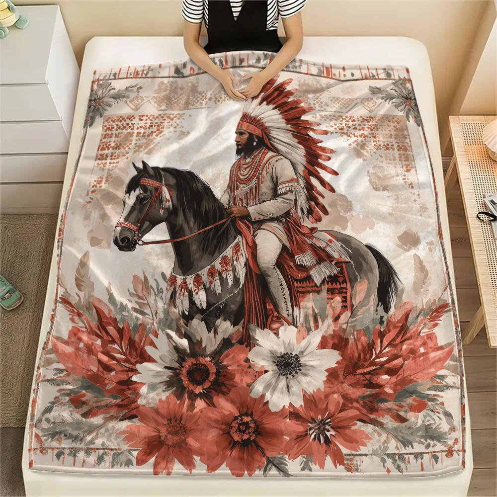 Native Americans and Animals  Print Flannel Blanket, High Quality Comfortable for All Seasons, Home Decor, Warmth and Comfort