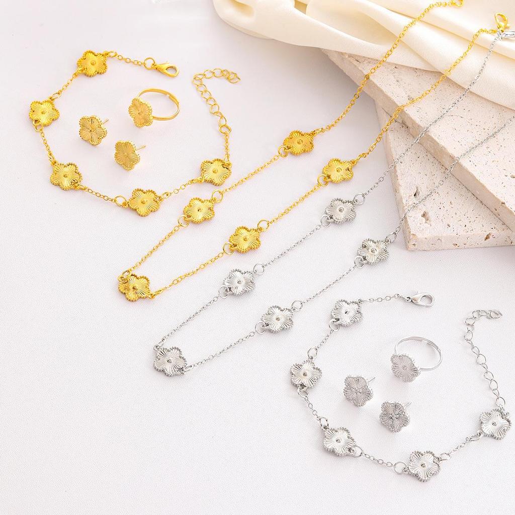 Lucky Five-Leaf Clover Jewelry Set: Necklace, Bracelet, Earrings, and Ring – Elegant European & American Style for Women