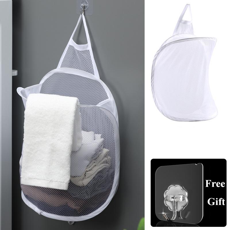 Folding Laundry Basket Organizer for Dirty Clothes Bathroom Clothes Mesh Storage Bag Household Wall Hanging Basket Frame Bucket