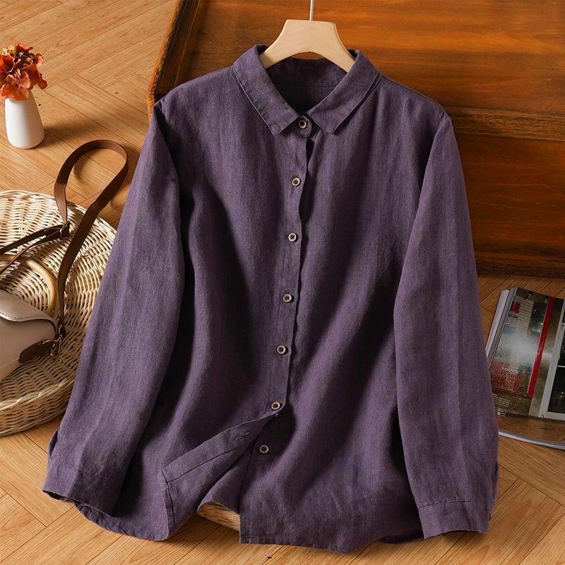 

Women s Deep Purple Long-Sleeve Linen Shirt - Early Autumn, Literary Retro, Loose Fit, High-End, Thin Style XL темно-фиолетового