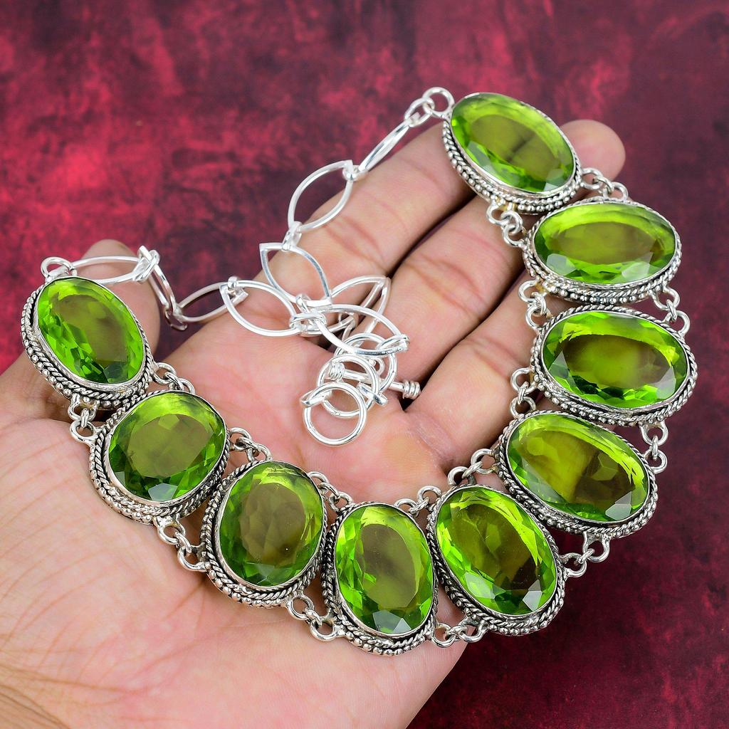 Set de bijuterii din argint solid 925 Peridot, set de colier și brățări lucrate manual pentru femei, bijuterii frumoase cu pietre prețioase reglabile