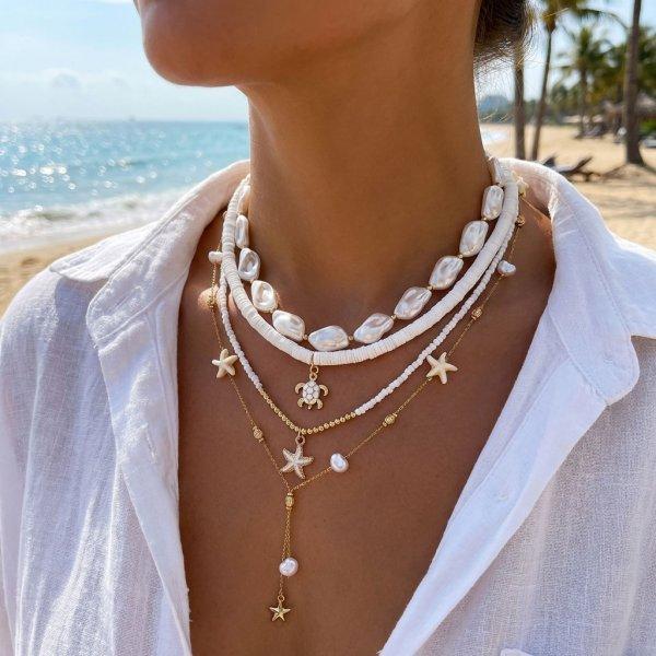 Boho Multilayer Shell Starfish Pendant Necklace Handmade Imitation Pearl Beaded Choker for Women Beach Party Jewelry Gift