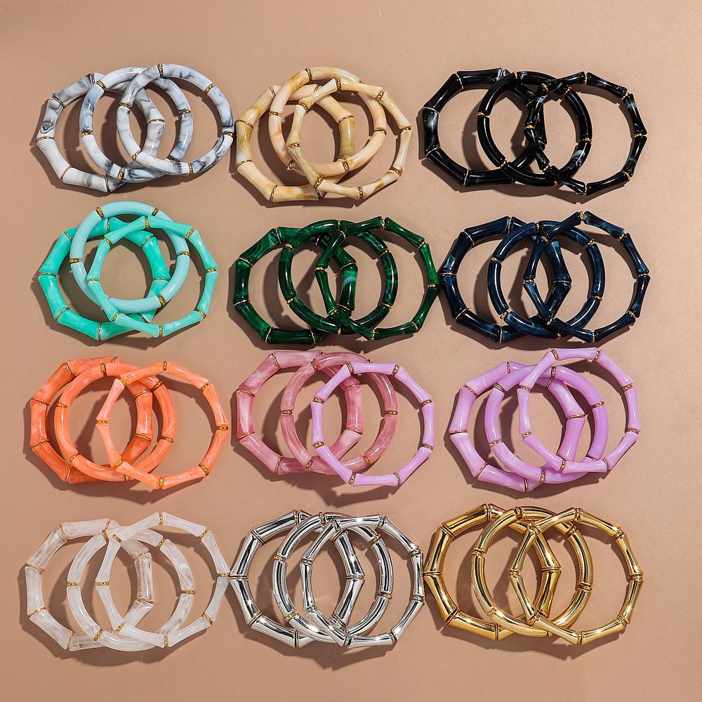 3pcs Vintage Bamboo Curved Tube Bracelets for Women Men Punk Colorful Resin Beaded Elastic Stackable Bangles Couple Jewelry Gift