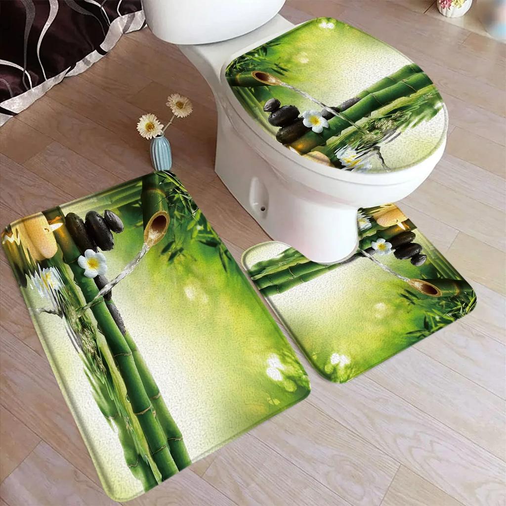 Zen Green Bamboo Bath Mat Set Natural Orchid Flower Black Stone Plant Home Carpet Bathroom Decorative Floor Rug Toilet Lid Cover