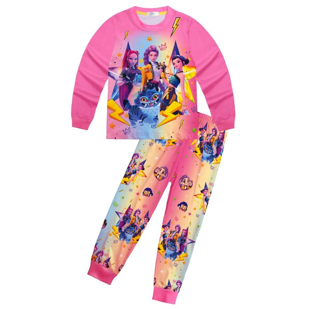 Kids Girls K-POP Rumi Mira Zoey Print Long Sleeves T-Shirt Top Pants Trousers Pajamas Sleeping Sleepwear Sets