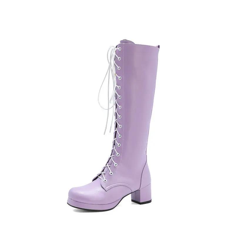 Woman Lovely Sweet Lace Up Purple Pink White Fashion Women'S High Knee Boots Winter Shoes Lolita Shoes Girls Boots