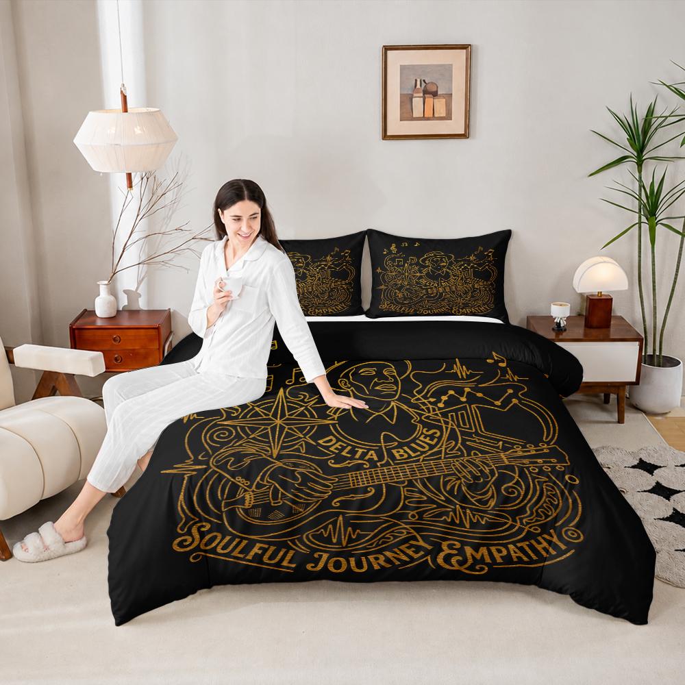 Delta Blues Guitar Musician 3 Piece Bedding Set, Gold Line Art Soulful Duvet Cover Set for Music Lover Men Bedroom Decor