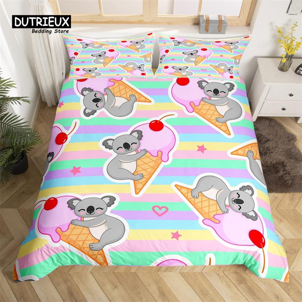 Cartoon Animal Duvet Cover Set Giraffe Elephant Sloth Tiger Zebra Monkey King Bedding Set Floral Lovely Animal Print Quilt Cover