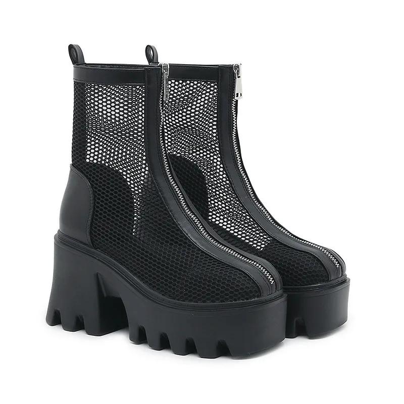 Fashion 2025 New Super High Heel Fashion Net Boots Women Flock Platform Zipper Ankle Boots Spring Summer Thick Heel Round Toe Boots