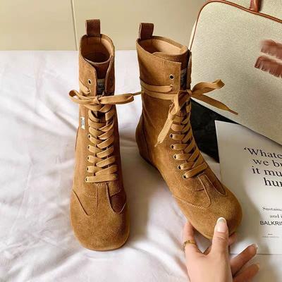 Moda Autunno Nuovi Stivaletti Singoli con Tacco Basso Moda Donna Punta Rotonda Scamosciato Allacciatura Frontale Antiscivolo Resistenti all'Usura Stivaletti Corti