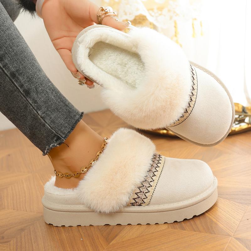 Modische Bunte Geometrische Stickerei Kunstfell Hausschuhe Damen 2025 Winter Komfort Weiche Sohle Slip On Schneestiefel Warm Kurze Plüsch Pantoletten