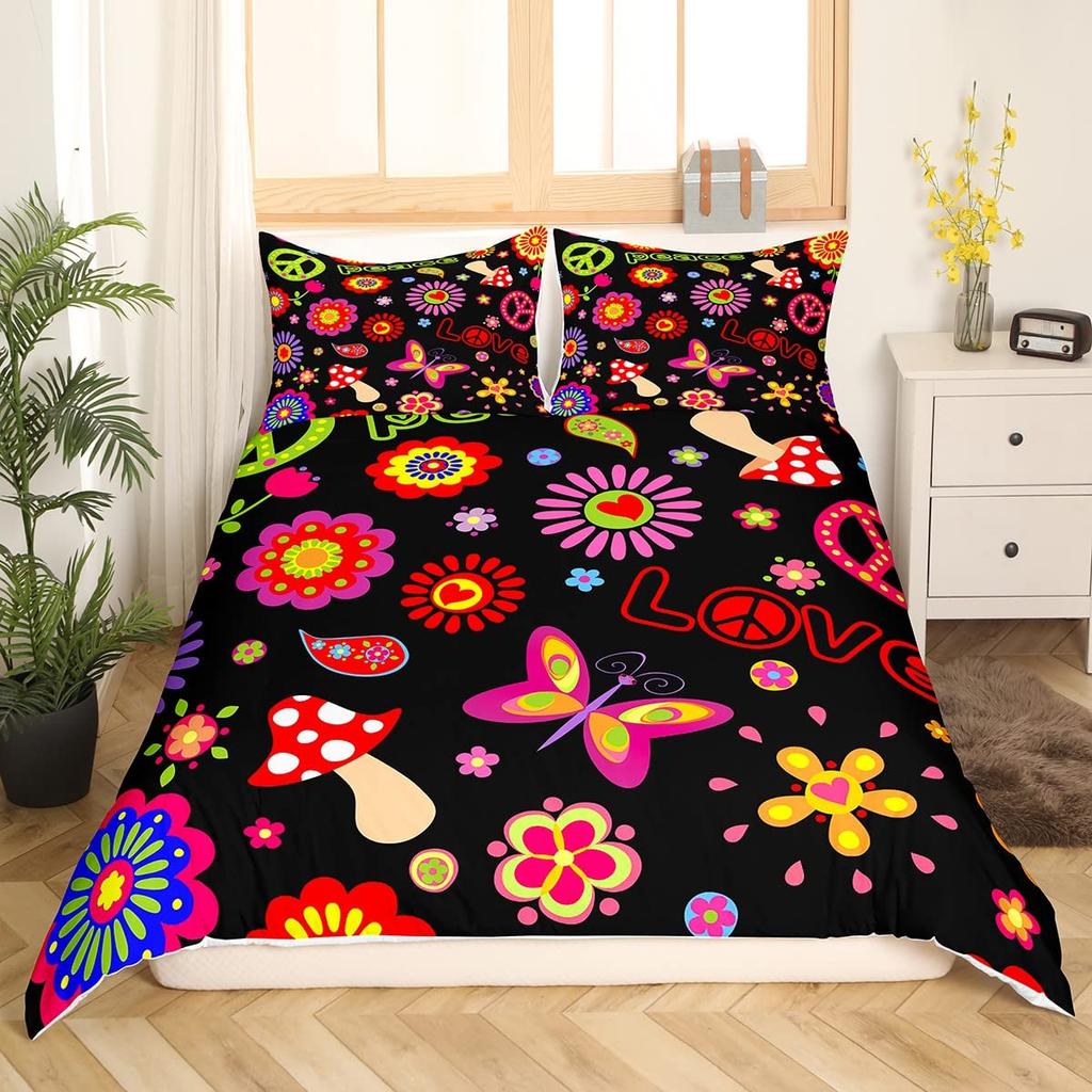 Retro Flowers King Queen Bedding Set Cartoon Vintage Floral Duvet Cover Boho Abstract Quilt Cover Soft Polyester Comforter Cover