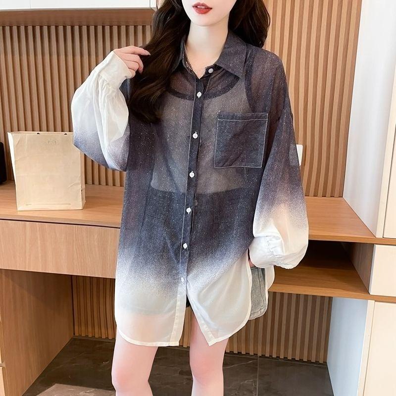 Ladies' Gradient Color Shirt Women's Turn-Down Collar Sunscreen Long Sleeved Blouse Summer New Korean Loose Versatile Top