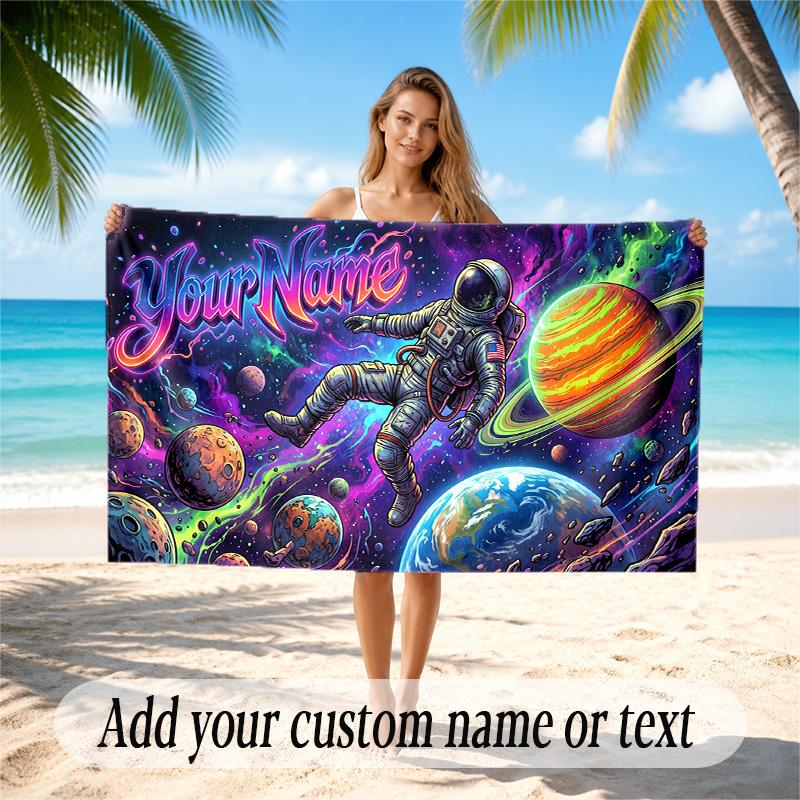 Astronaut Space Theme Quick Dry Beach Towel Custom Name Text Print Large Sand Resistant Towel Beach Vacation