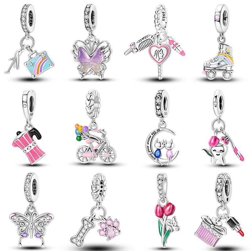 Copper Pink Lipstick Pulley Balloon Bike Butterfly Charm Pendant Fits Genuine Bracelet DoItYourself Jewellery