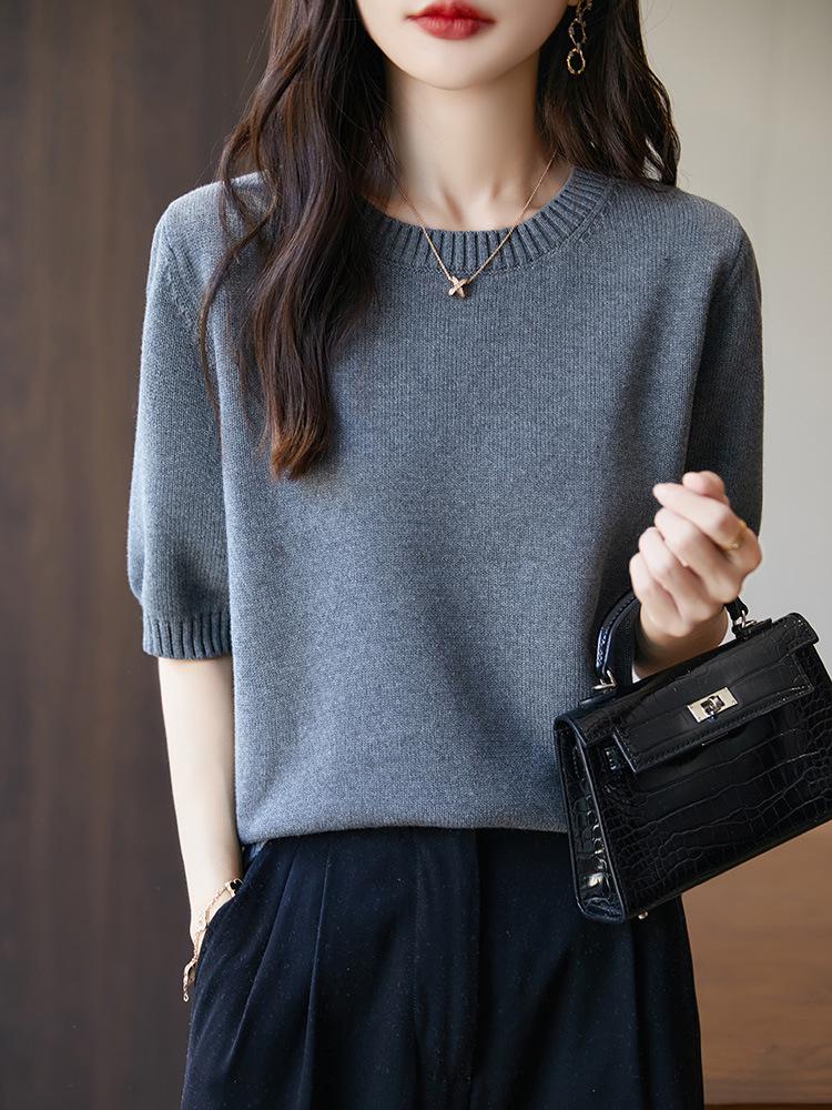 Women's Cotton Knitted Short Sleeve Round Neck Loose Pullover T-shirt