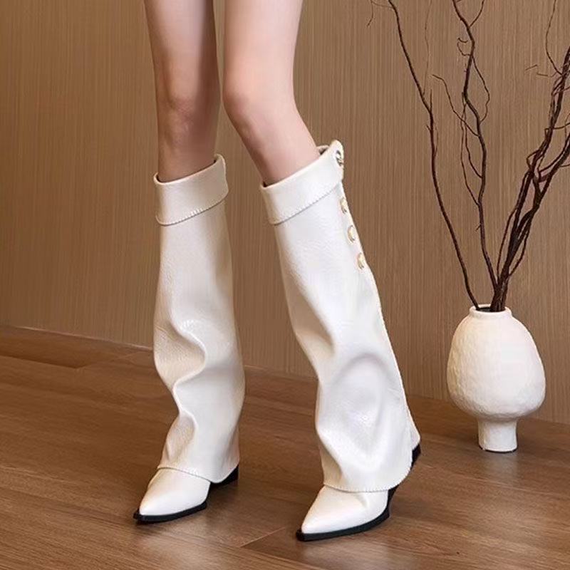 2026 Autumn/Winter New White Women's Pointed Slope Can't Keep Up with Knee High Heels Long Boots