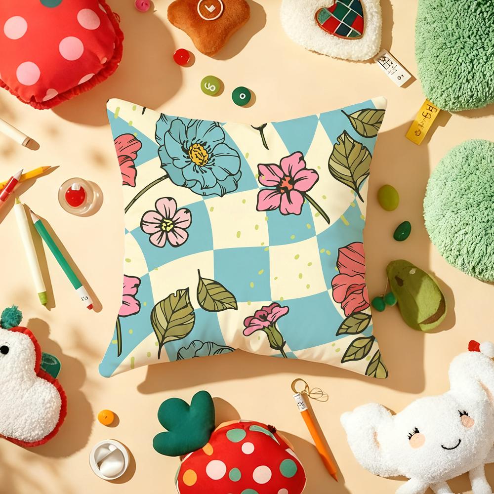 Checked Pattern Flowers Cushion Cover Soft Short Plush DoubleSided Printing Home Decor Machine Washable Pillow Case Gift