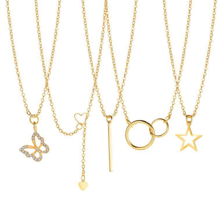 17KM 5-piece Set Ins Creative Personality Niche Set Necklace Women's Pentagram Love Butterfly Artificial Pearl Necklace