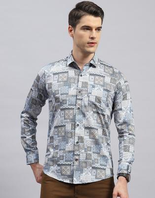 Herren Blaues Bedrucktes Hemd mit Kragen und Langarm, Slim Fit