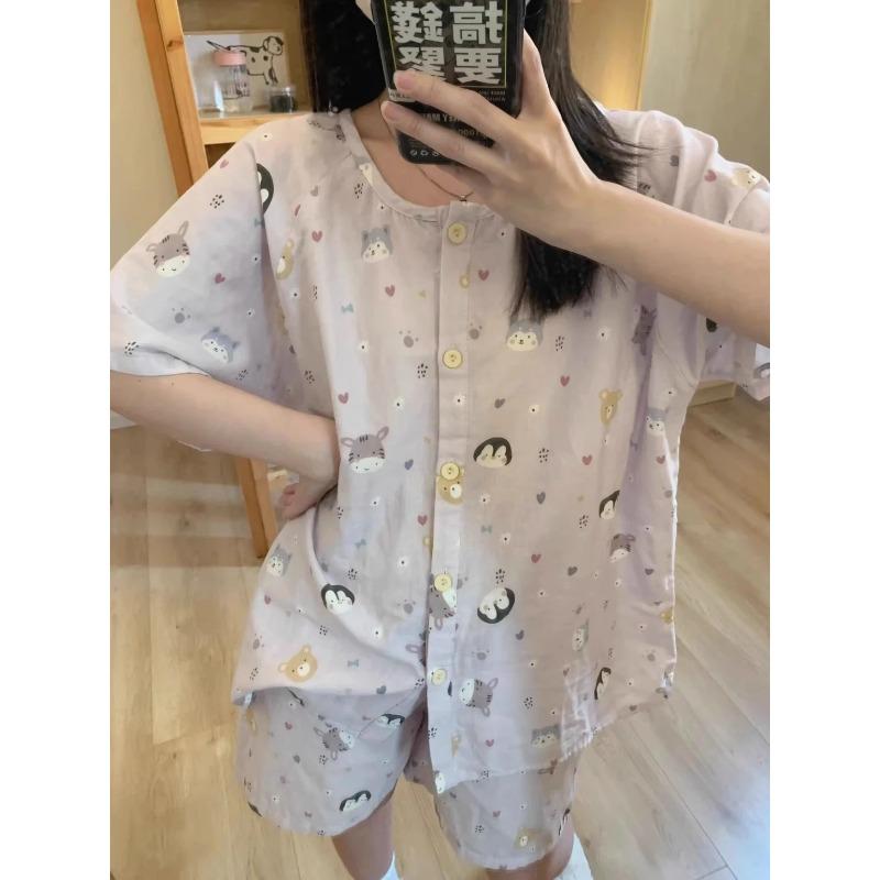 

Женская пижама, летняя, с коротким рукавом, комплект одежды для сна с рисунком милого медведя, пижама для женщин с оборками, домашний комплект одежды для сна, кардиган XXL