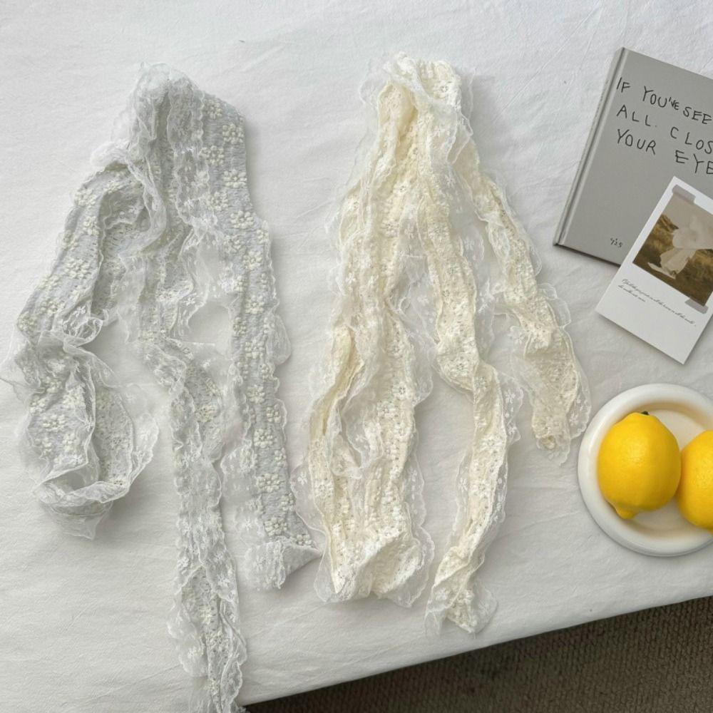 White Beige Lace Neck Scarf Flower Ribbon Headband Trendy Photo-Ready Shawl  Spring Summer