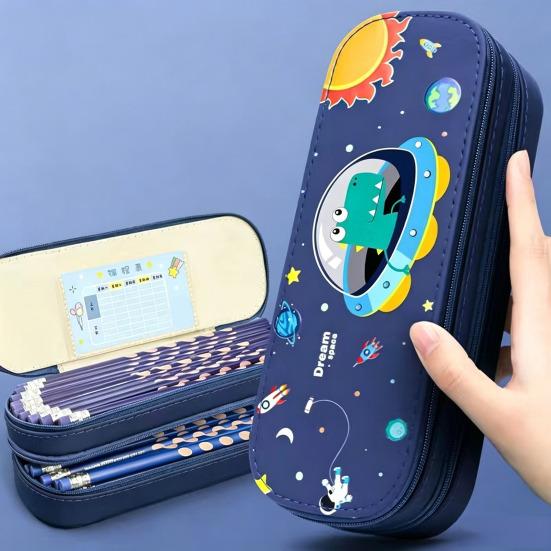 Astronaut Pencil Case for Kids Large Capacity Space Theme Pencil Pouch with Rocket Print Waterproof Thick Canvas Stationery Bag for Boys Girls