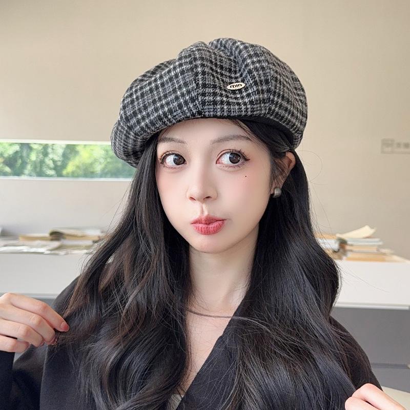 Retro Plaid Beret Women's Spring and Autumn Literary British Style Painter's Hat with Big Head Circumference and Face Small and Versatile Painter
