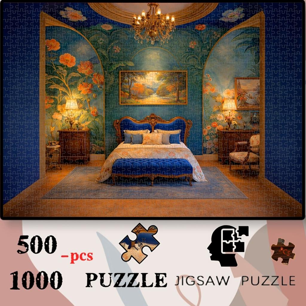A Mural of Blue Floral Arches, a Puzzle of Forest Landscape Slogans, Available in 500pcs/1000pcs, Tightly Interlocking with Clear Prints, Suitable for