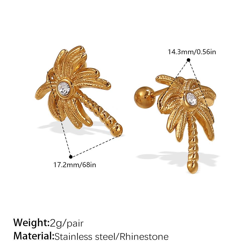 Fashion Sweet Wind Flower Coconut Tree Plant Stud Earrings Stainless Steel Gold Plated Diamond Piercing Earrings